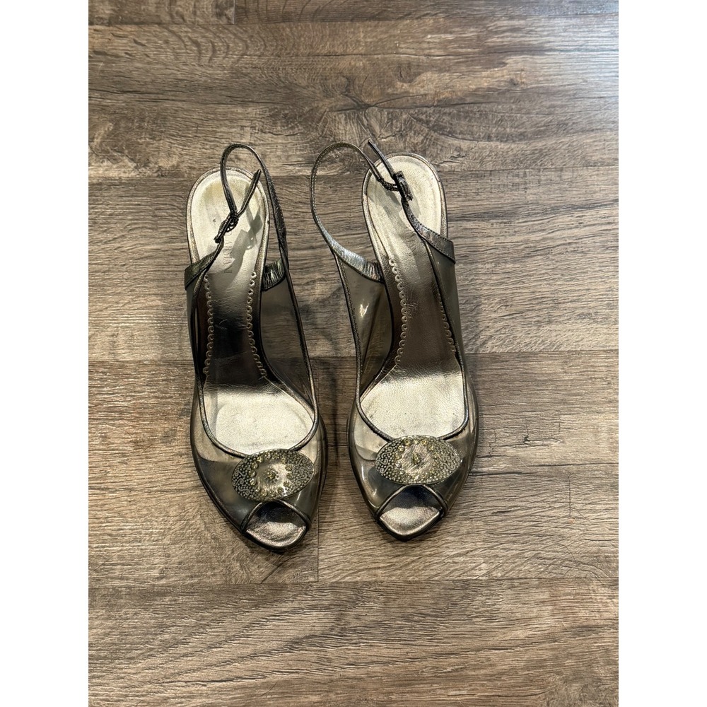 Giorgio Armani Silver Metallic‎ PVC Rhinestone Embellished Heel Sandals Size 37